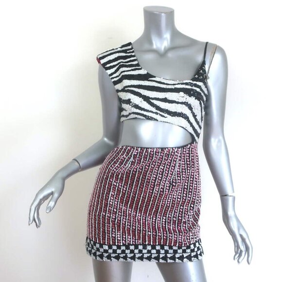 Retrofete Lulu Beaded Asymmetric Cutout Mini Dress Zebra/Pink Size Extra Small - Picture 1 of 8